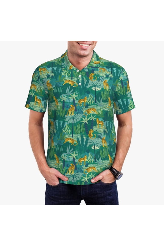 Jungle Leopard Print Men's Quick-drying POLO Shirt, Button-down Summer T-shirt, Suitable for Work and Outdoor Activities-Small