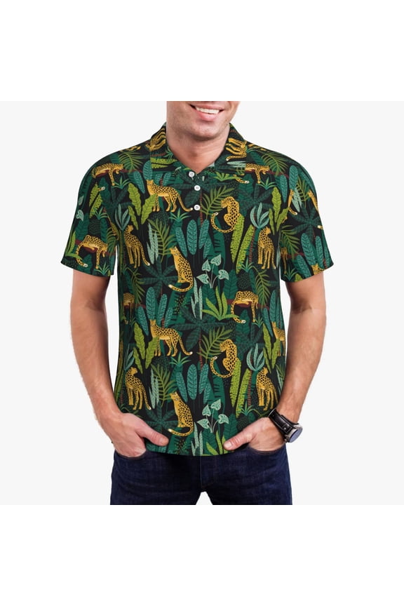Jungle Leopard Yellow Print Men's Quick-drying POLO Shirt, Button-down Summer T-shirt, Suitable for Work and Outdoor Activities-Small