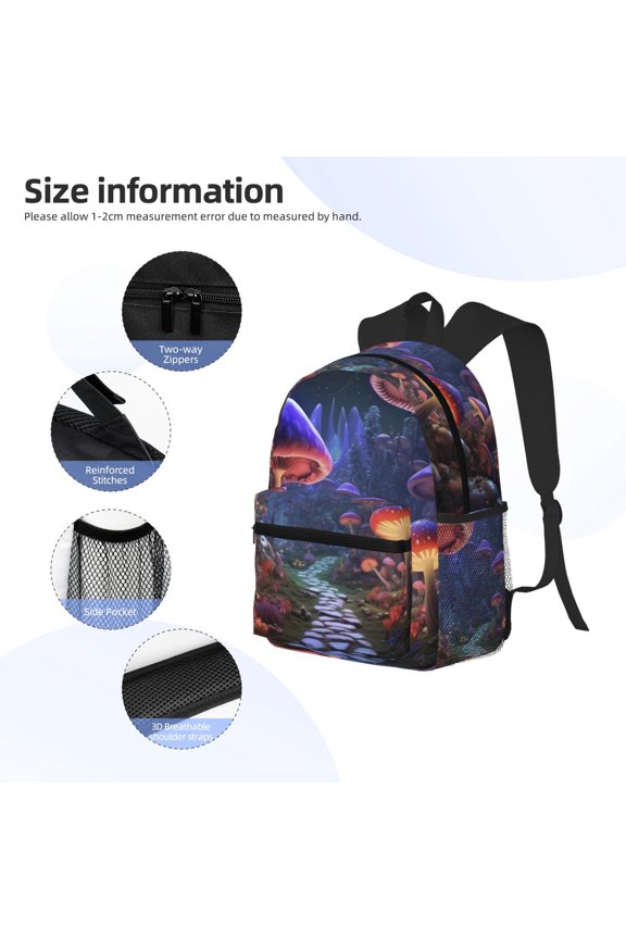Jungle Path Glowing Mushrooms Print Backpack, Waterproof Backpack with Adjustable Shoulder Straps, Suitable for Campus, Business, Travel, Unisex