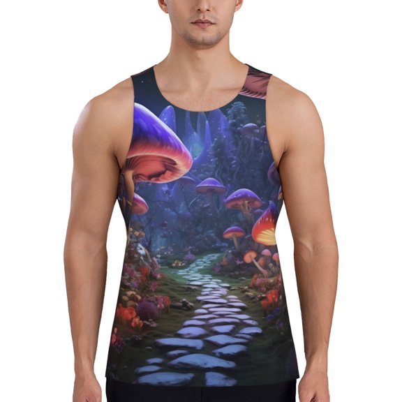 Gukieu Jungle Path Glowing Mushrooms Print Men's Quick Dry Fitness Vest, Round Neck Sleeveless Fitness Bodybuilding Top-Medium