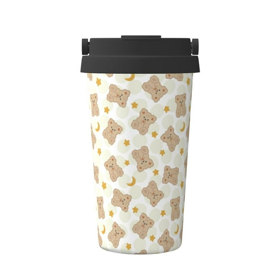 Gukieu Kawaii Bear Print Insulated Coffee Cup, Portable Stainless Steel Vacuum Cup with Lid, Unisex, Suitable for Office, Cafe, Car