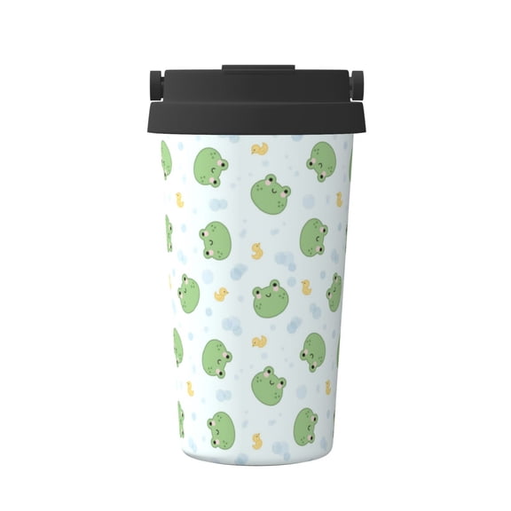 Gukieu Kawaii Frogs Print Insulated Coffee Cup, Portable Stainless Steel Vacuum Cup with Lid, Unisex, Suitable for Office, Cafe, Car