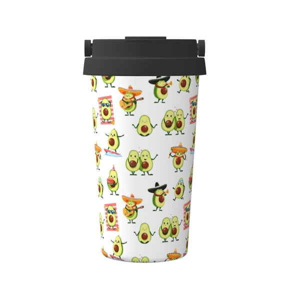 Gukieu Kawaii Mexican Avocado Print Insulated Coffee Cup, Portable Stainless Steel Vacuum Cup with Lid, Unisex, Suitable for Office, Cafe, Car
