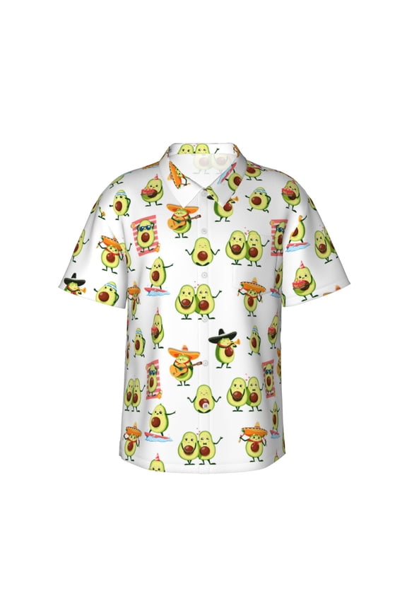 Kawaii Mexican Avocado Print Men's Short-sleeved Shirts, Button-down Lapel Hawaiian Shirts, T-shirts, Beach Vacation Summer Casual Wear,Small