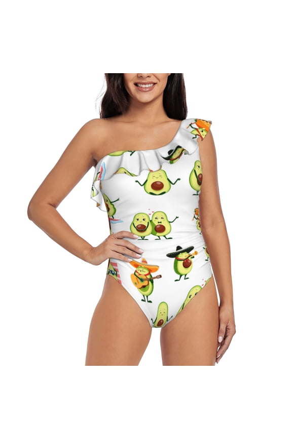 Kawaii Mexican Avocado Print One-shoulder Ruffled One-piece Swimsuit with Removable Chest Pads and Tummy-control Swimsuit for Women-Medium