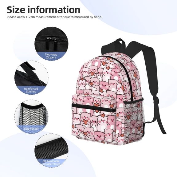 Gukieu Kawaii Pig Print Backpack, Waterproof Backpack with Adjustable Shoulder Straps, Suitable for Campus, Business, Travel, Unisex
