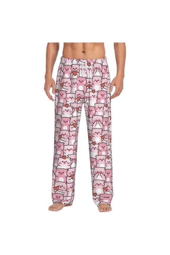Kawaii Pig Print Men's Home Trousers, Elastic Drawstring Home Pajamas Clothing Suitable for Adult Men-Small