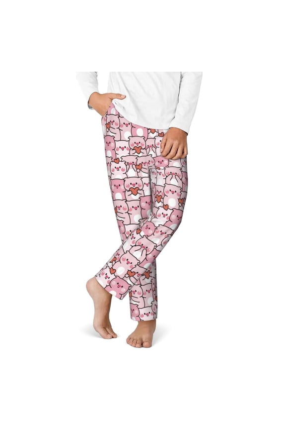 Kawaii Pig Print Youth Home Trousers, Elastic Waistband with Pockets for Home and Outing, Suitable for Children Aged 5-16-Small
