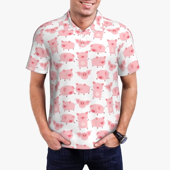 Gukieu Kawaii Pigs Print Men's Quick-drying POLO Shirt, Button-down Summer T-shirt, Suitable for Work and Outdoor Activities-Small