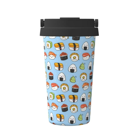 Gukieu Kawaii Sushi (2) Print Insulated Coffee Cup, Portable Stainless Steel Vacuum Cup with Lid, Unisex, Suitable for Office, Cafe, Car