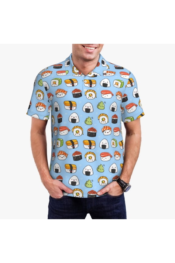 Kawaii Sushi (2) Print Men's Quick-drying POLO Shirt, Button-down Summer T-shirt, Suitable for Work and Outdoor Activities-Small