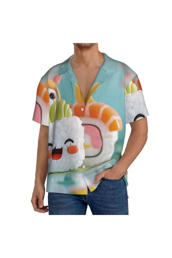 Kawaii Sushi Characters Delight Print Men's Short-sleeved Shirts, Button-down Pocket Shirts, T-shirts, Beach Vacation Travel Summer Clothing-Large
