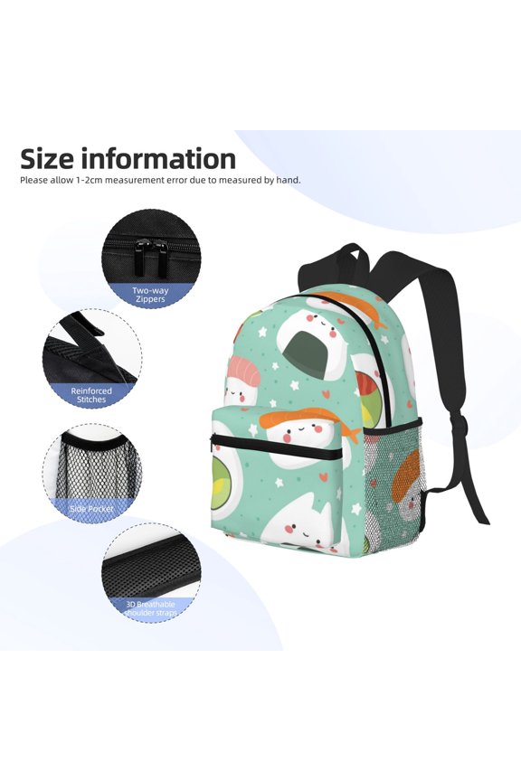 Kawaii Sushi Print Backpack, Waterproof Backpack with Adjustable Shoulder Straps, Suitable for Campus, Business, Travel, Unisex