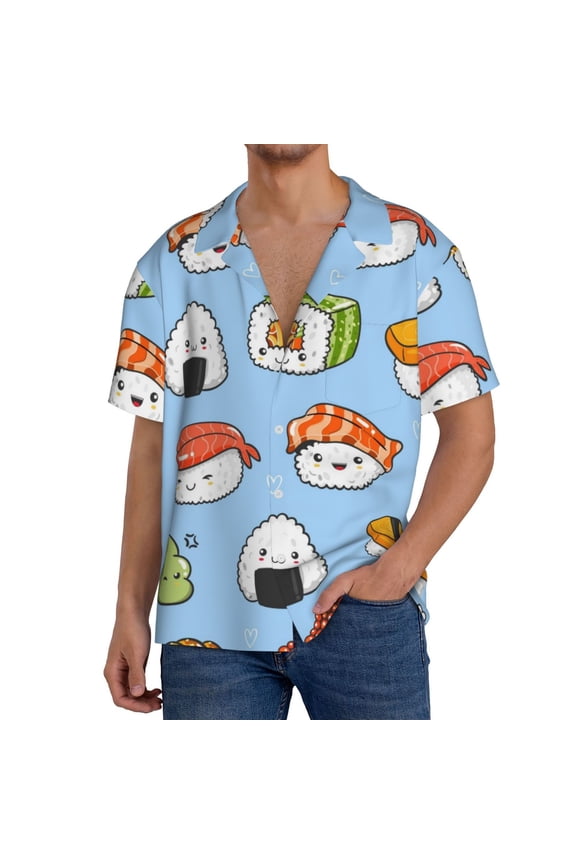 Kawaii Sushi Print Men's Short-sleeved Shirts, Button-down Pocket Shirts, T-shirts, Beach Vacation Travel Summer Clothing-Large