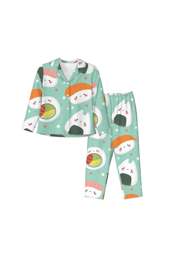 Kawaii Sushi Print Women's Long Sleeve Pajama Set, Button Top Elastic Pocket Pajama Pants Two Piece Set Home Wear-Medium