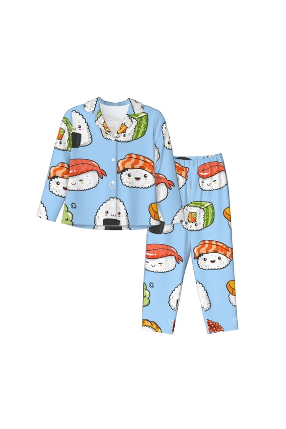 Kawaii Sushi Print Women's Long Sleeve Pajama Set, Button Top Elastic Pocket Pajama Pants Two Piece Set Home Wear-Small