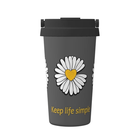 Gukieu Keep Life Simple Daisy Flower Print Insulated Coffee Cup, Portable Stainless Steel Vacuum Cup with Lid, Unisex, Suitable for Office, Cafe, Car