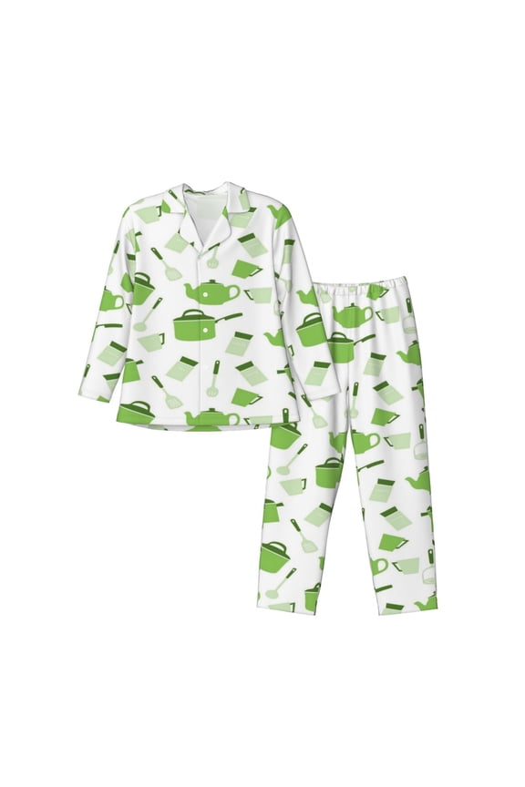 Kitchen Utensiles Cooking Pots Print Men's Long-sleeved Pajamas Set, Elastic Waist Pajamas Button-down Pajamas Two-piece Set, Suitable for Adult Male Home Wear-X-Large