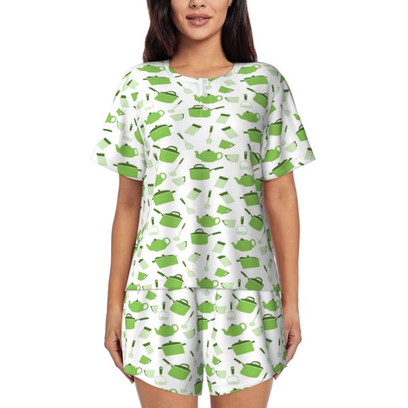 Gukieu Kitchen Utensiles Cooking Pots Print Women's Short-sleeved Pajama Set, Round Neck Button Top Elastic Shorts 2-piece Set, Summer Home Leisure Clothing-3X-Large