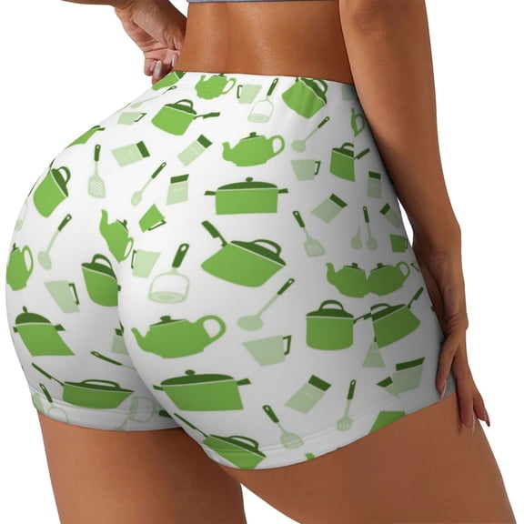 Gukieu Kitchen Utensiles Cooking Pots Print Women's Sports Shorts, Elastic Waist High Stretch Running Yoga Gym Sweatpants-Small