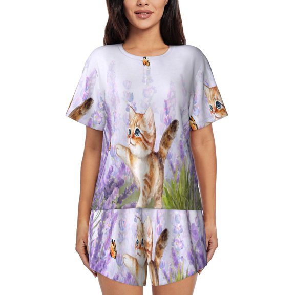 Gukieu Kitten and butterfly Print Women's Short-sleeved Pajama Set, Round Neck Button Top Elastic Shorts 2-piece Set, Summer Home Leisure Clothing-Medium