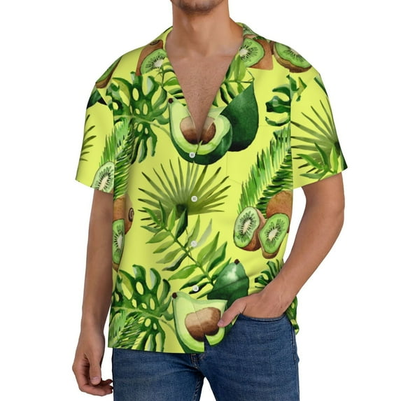 Gukieu Kiwi and Avocado Print Men's Short-sleeved Shirts, Button-down Pocket Shirts, T-shirts, Beach Vacation Travel Summer Clothing-4X-Large