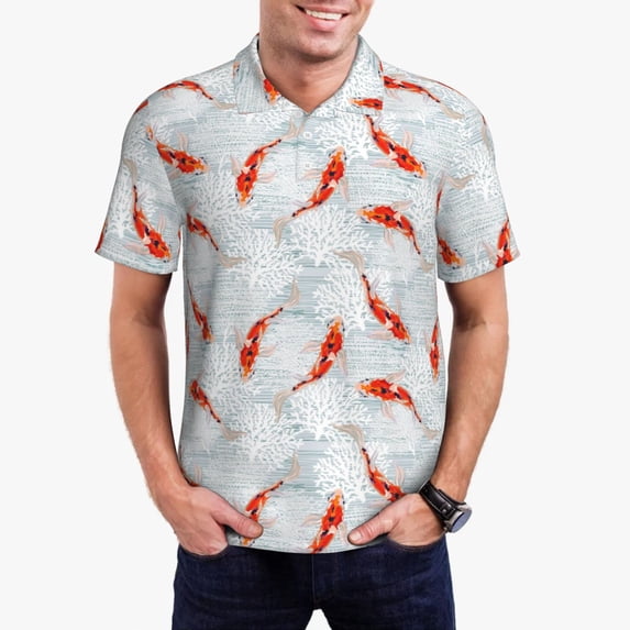 Gukieu Koi Fish Corals,Spring Summer Print Men's Quick-drying POLO Shirt, Button-down Summer T-shirt, Suitable for Work and Outdoor Activities-Small