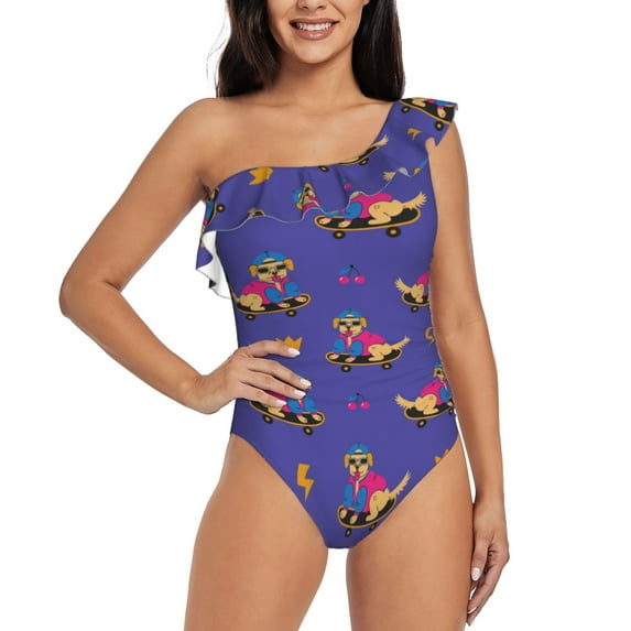 Gukieu Labrador Retriever Dog Print One-shoulder Ruffled One-piece Swimsuit with Removable Chest Pads and Tummy-control Swimsuit for Women-Small