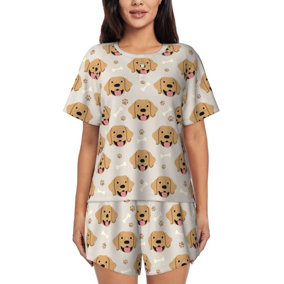 Gukieu Labrador Retriever Dog Print Women's Short-sleeved Pajama Set, Round Neck Button Top Elastic Shorts 2-piece Set, Summer Home Leisure Clothing-X-Large