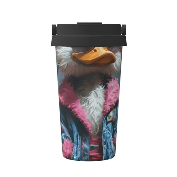 Gukieu Lady Duck Print Insulated Coffee Cup, Portable Stainless Steel Vacuum Cup with Lid, Unisex, Suitable for Office, Cafe, Car
