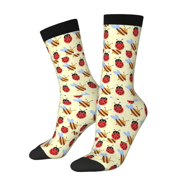 Gukieu Ladybug And Bee Print Contrast Color Mid-calf Socks, Sweat-wicking Athletic Socks, Unisex Clothing Accessories