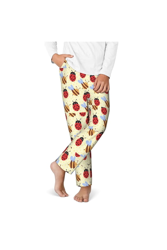 Ladybug And Bee Print Youth Home Trousers, Elastic Waistband with Pockets for Home and Outing, Suitable for Children Aged 5-16-XS(5-6)