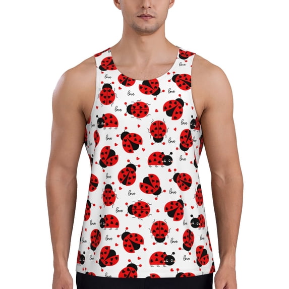 Gukieu Ladybug And Heart Print Men's Quick Dry Fitness Vest, Round Neck Sleeveless Fitness Bodybuilding Top-3X-Large