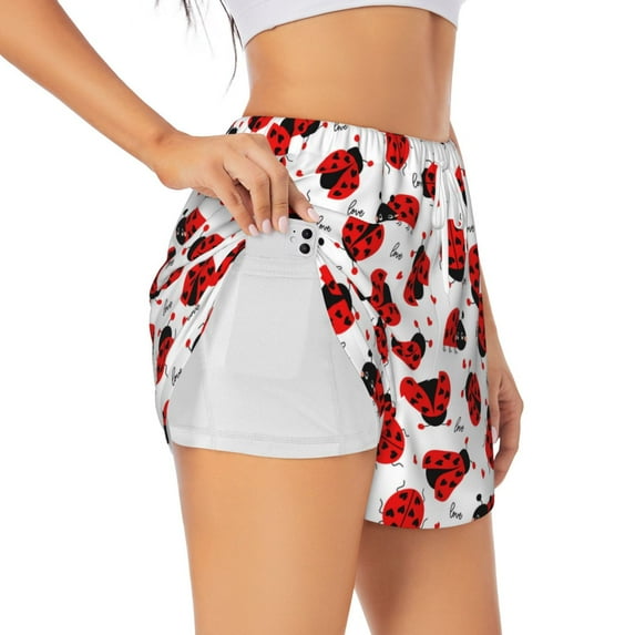 Gukieu Ladybug And Heart Print Women's Sports Shorts with Drawstring Elastic Waistband for Running, Yoga, Fitness-Medium