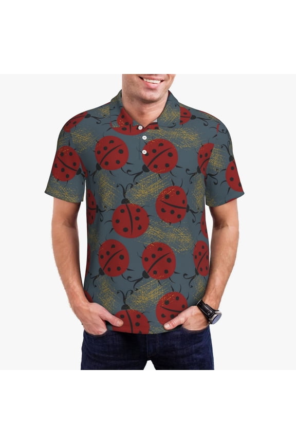 Ladybug Print Men's Quick-drying POLO Shirt, Button-down Summer T-shirt, Suitable for Work and Outdoor Activities-Large
