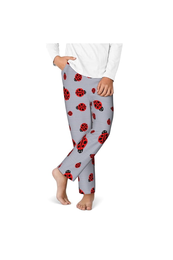 Ladybug Print Youth Home Trousers, Elastic Waistband with Pockets for Home and Outing, Suitable for Children Aged 5-16-Large