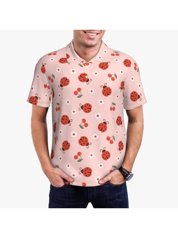 Ladybug With Flower Print Men's Quick-drying POLO Shirt, Button-down Summer T-shirt, Suitable for Work and Outdoor Activities-3X-Large