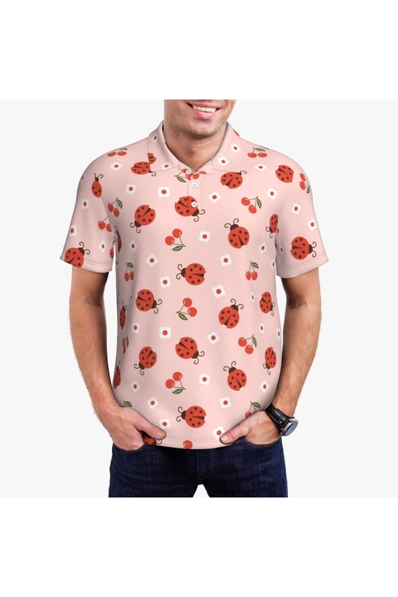 Ladybug With Flower Print Men's Quick-drying POLO Shirt, Button-down Summer T-shirt, Suitable for Work and Outdoor Activities-3X-Large