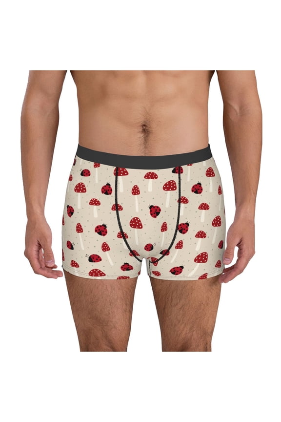 Ladybug With Mushroom Print Men's Boxer Briefs, High Elastic Moisture Wicking Boxer Briefs Underwear-Large