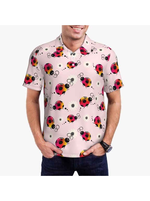 Ladybugs And Flower Print Men's Quick-drying POLO Shirt, Button-down Summer T-shirt, Suitable for Work and Outdoor Activities-Medium