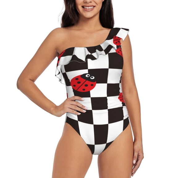 Gukieu Ladybugs Of Black And White Checkers Print One-shoulder Ruffled One-piece Swimsuit with Removable Chest Pads and Tummy-control Swimsuit for Women-Medium