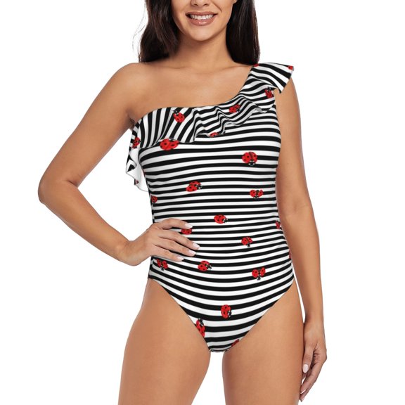 Gukieu Ladybugs on Black and White Striped Print One-shoulder Ruffled One-piece Swimsuit with Removable Chest Pads and Tummy-control Swimsuit for Women-XX-Large