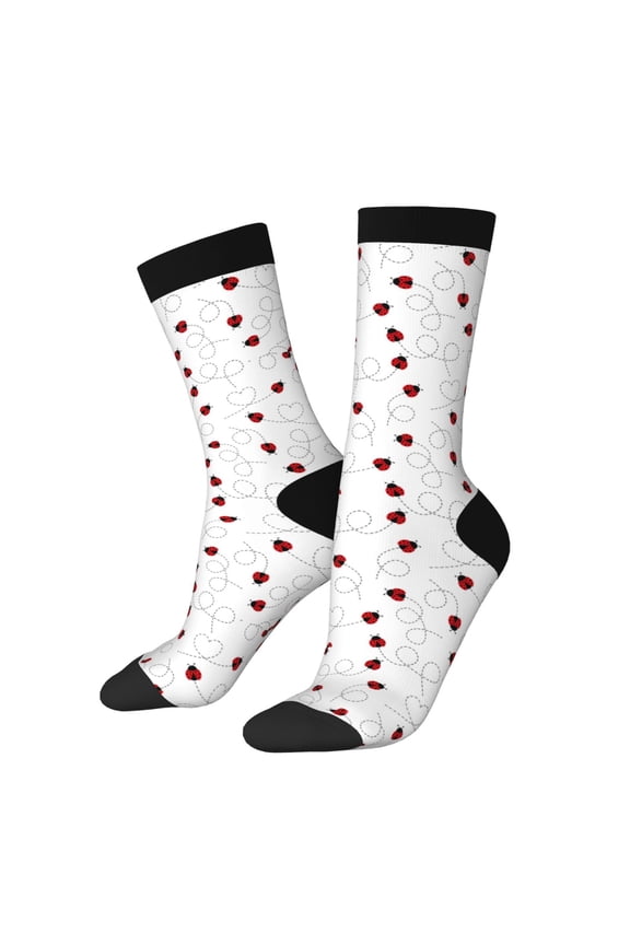 Ladybugs Flying On Dotted Route Print Contrast Color Mid-calf Socks, Sweat-wicking Athletic Socks, Unisex Clothing Accessories