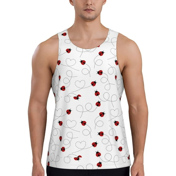 Gukieu Ladybugs Flying On Dotted Route Print Men's Quick Dry Fitness Vest, Round Neck Sleeveless Fitness Bodybuilding Top-Large