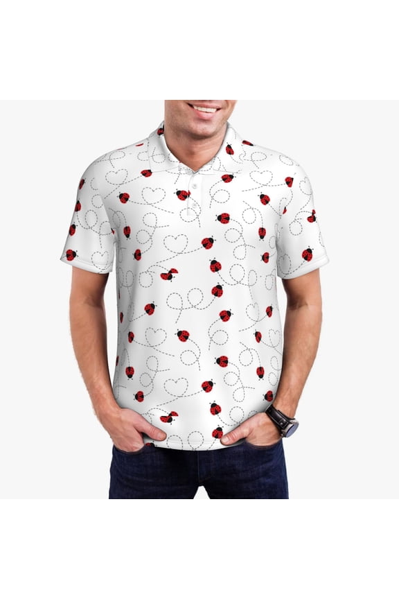 Ladybugs Flying On Dotted Route Print Men's Quick-drying POLO Shirt, Button-down Summer T-shirt, Suitable for Work and Outdoor Activities-Small