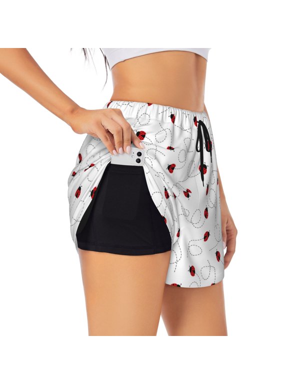 Ladybugs Flying On Dotted Route Print Women's Sports Shorts with Drawstring Elastic Waistband for Running, Yoga, Fitness-Small