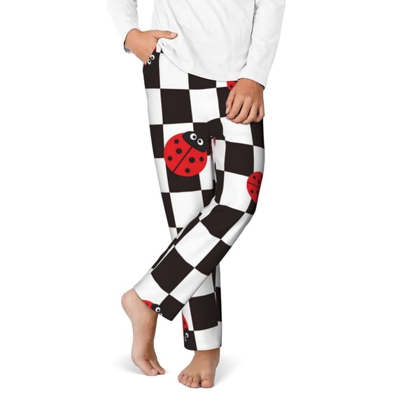 Gukieu Ladybugs Of Black And White Checkers Print Youth Home Trousers, Elastic Waistband with Pockets for Home and Outing, Suitable for Children Aged 5-16-Medium