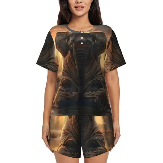 Gukieu Lake Meditating Elephant Print Women's Short-sleeved Pajama Set, Round Neck Button Top Elastic Shorts 2-piece Set, Summer Home Leisure Clothing-XX-Large