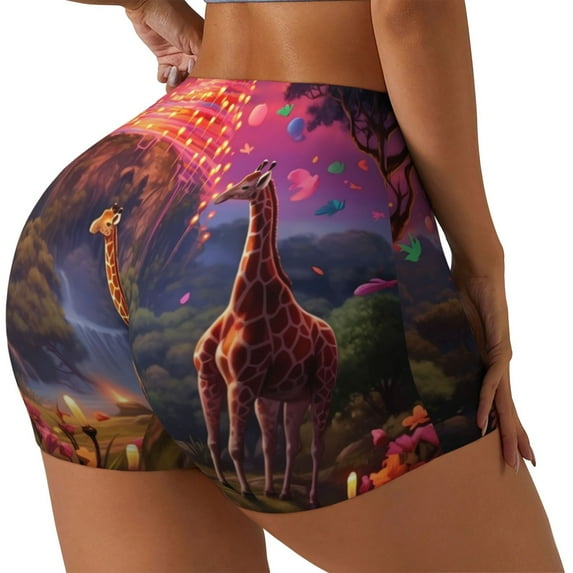 Gukieu Lantern Giraffes Magical Forest Print Women's Sports Shorts, Elastic Waist High Stretch Running Yoga Gym Sweatpants-Medium