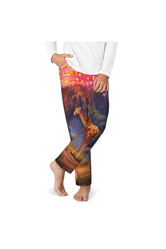 Lantern Giraffes Magical Forest Print Youth Home Trousers, Elastic Waistband with Pockets for Home and Outing, Suitable for Children Aged 5-16-Large